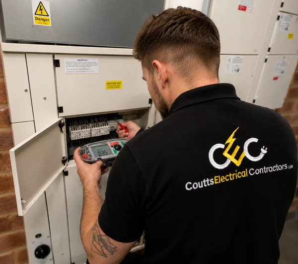 A Coutts Electrical engineer taking a reading at an open distribution board with a multifunction tester